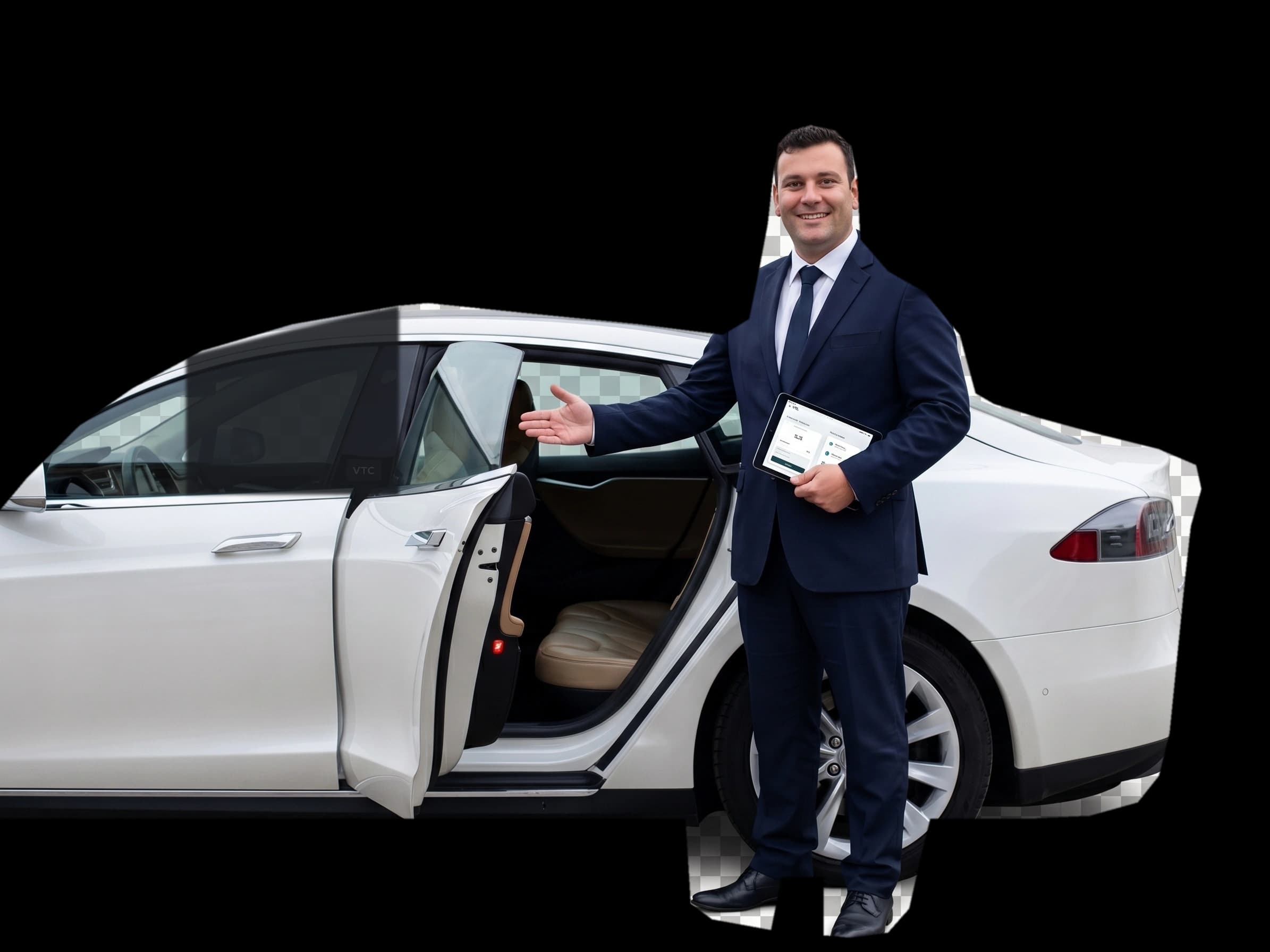Conductor profesional Emver junto a su Tesla
